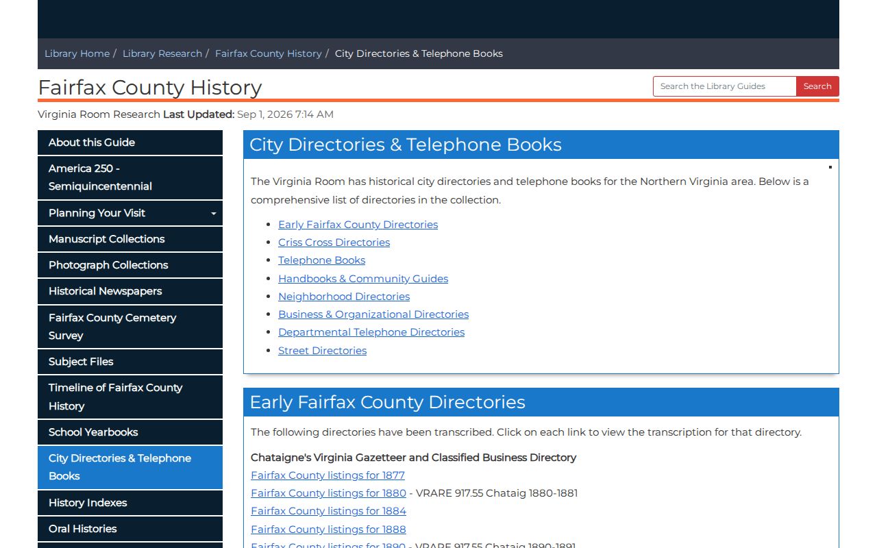 Chantilly city directory collections on the Fairfax local-history holdings page
