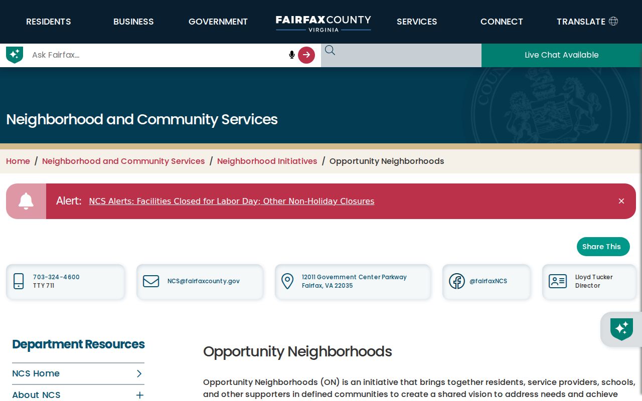 Chantilly neighbors Fairfax Opportunity Neighborhoods resource