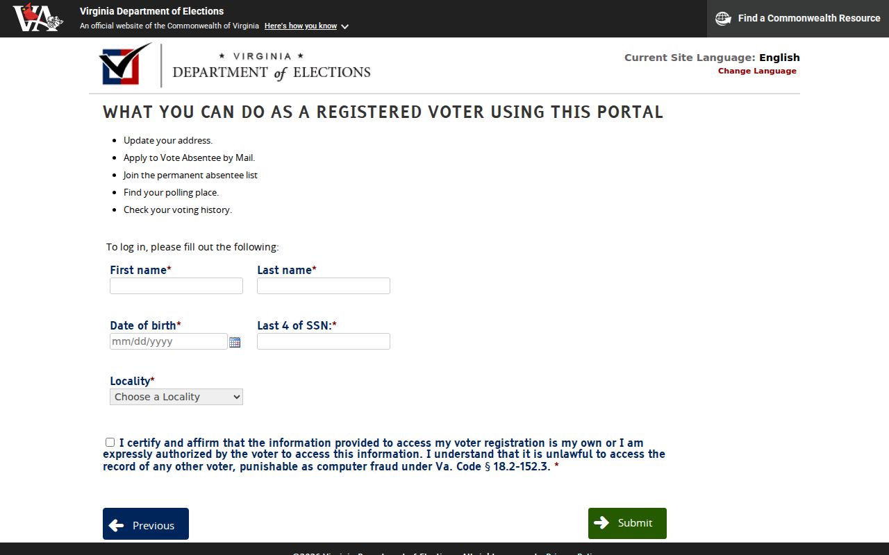 Chantilly resident lookup Virginia voter status form