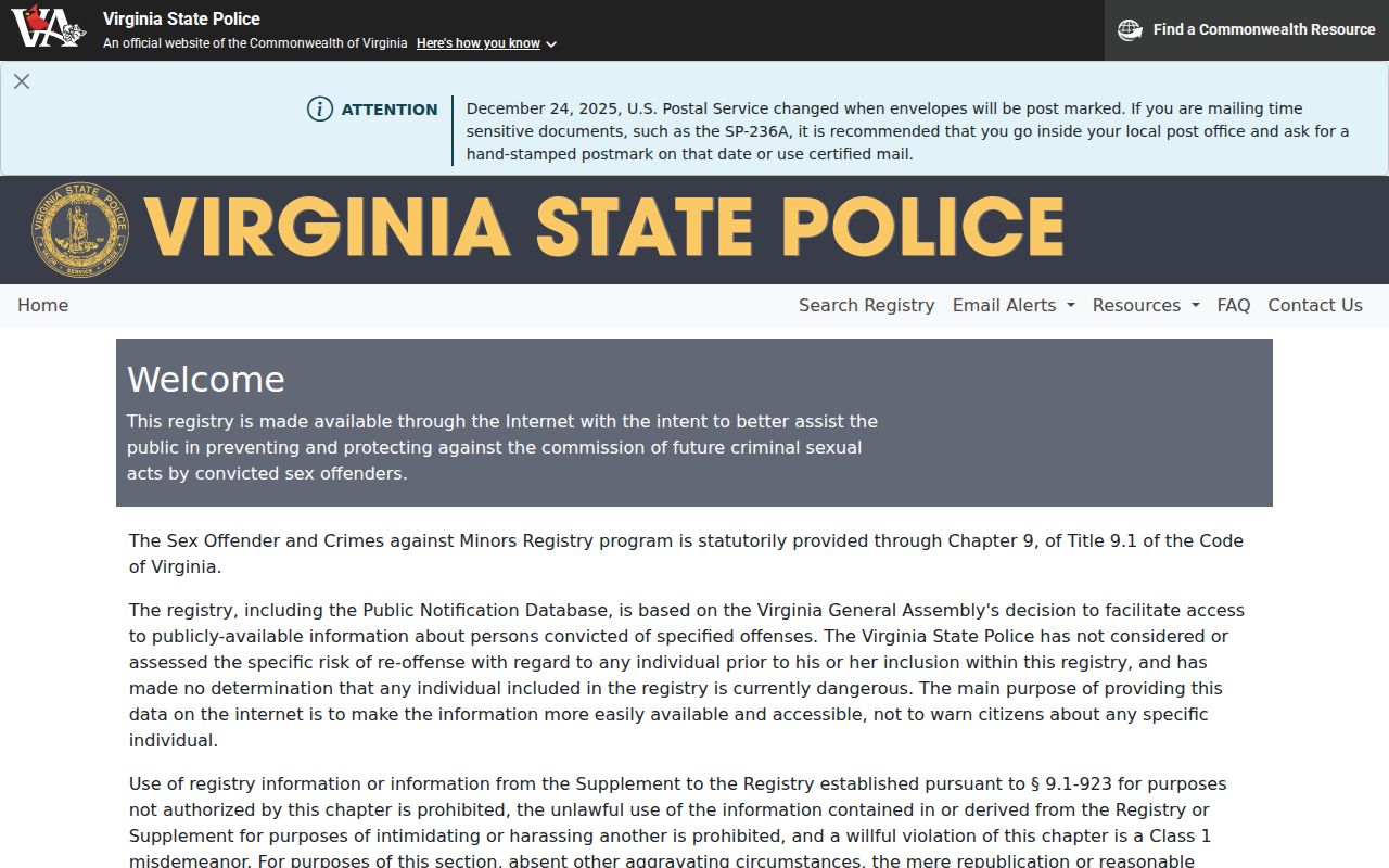 Chantilly resident lookup Virginia State Police registry search