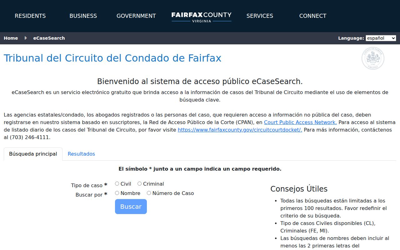 Chantilly residents directory Fairfax eCaseSearch court form