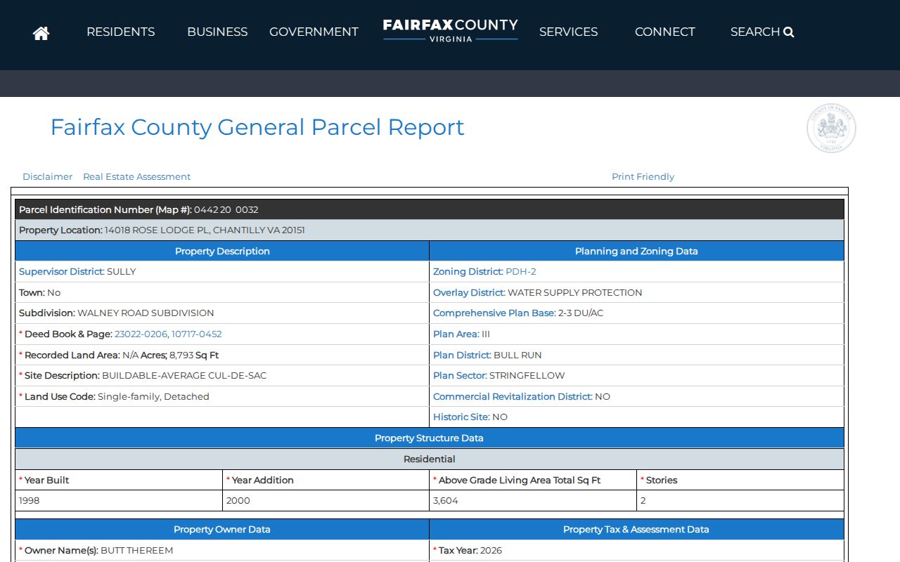 Chantilly residents directory Fairfax parcel assessment report